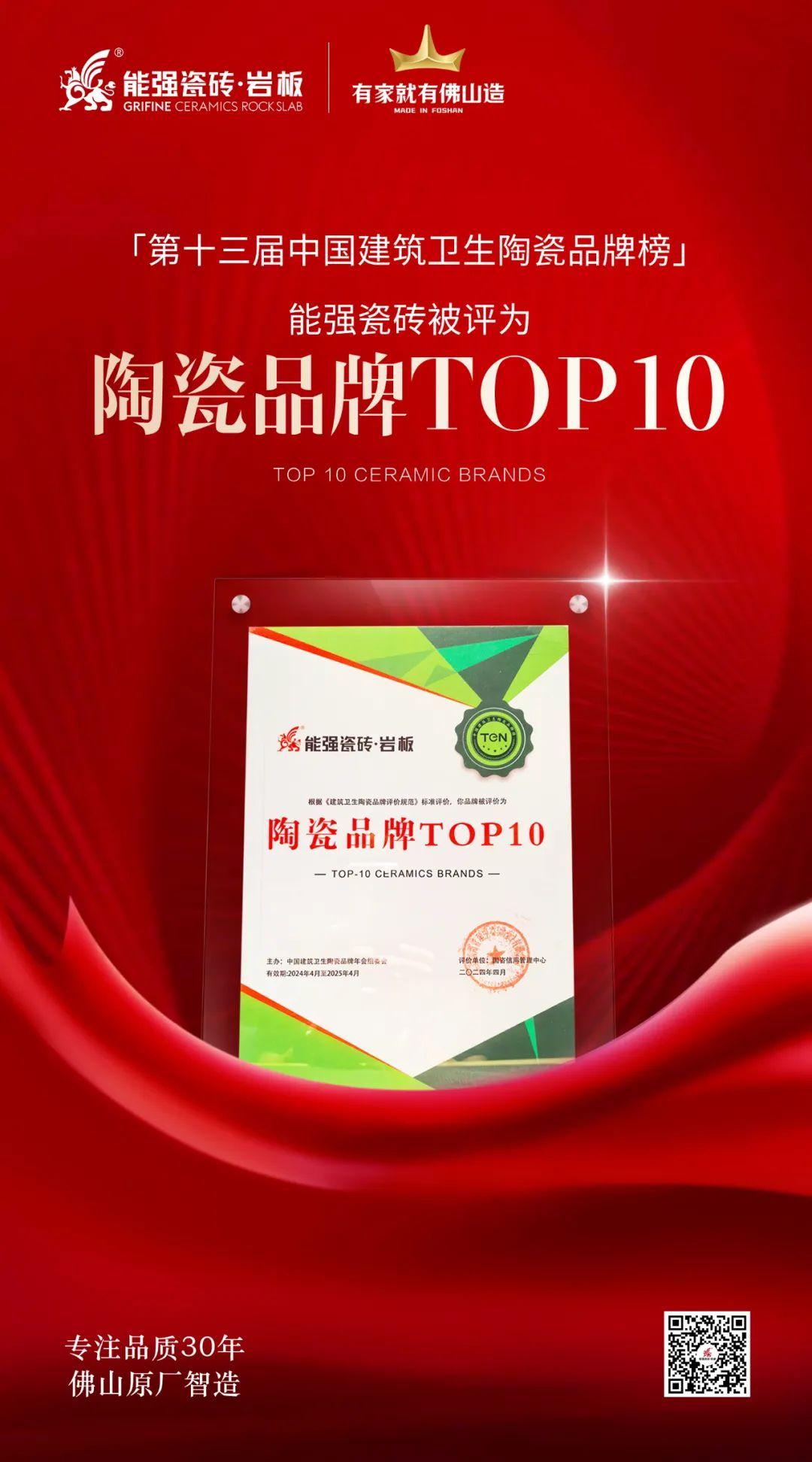 匠心榮耀丨能強瓷磚斬獲“陶瓷品牌TOP10”殊榮！